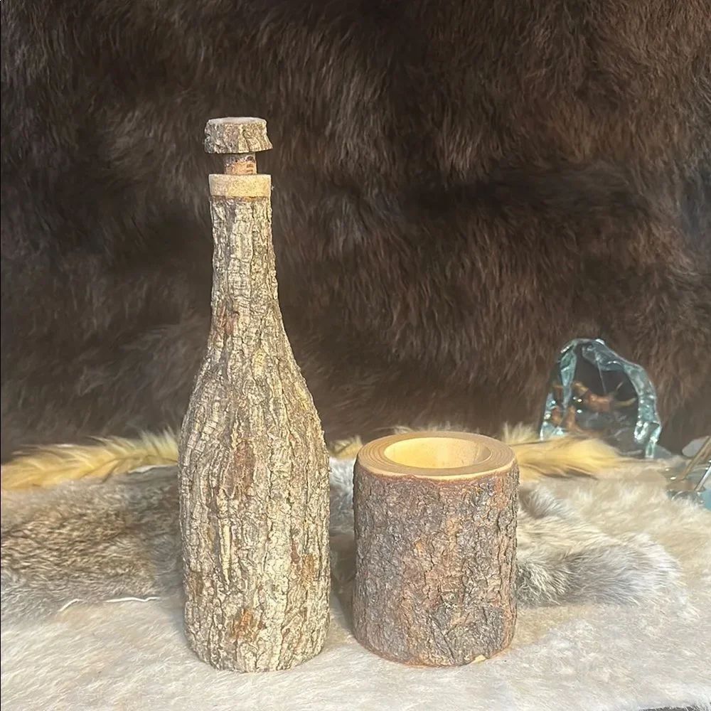 Rustic Bark Wine Bottle and Candle Holder Set (6033)